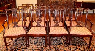 Set Of 12 Henkel Harris Lyre Back Mahogany Dining Chairs 2 Arm 10 Sides