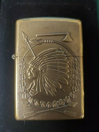 Zippo Lighter Brass Native American Indian Chief Warrior Head April 1998