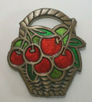 Fruit Basket Of Cherries Metal & Glass Vtg Trivet Hot Pot/plate Holder