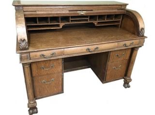Antique Oak Crest Roll Top Secretary Desk