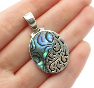 925 Sterling Silver - Vintage Abalone Shell Swirl Detail Oval Pendant - P10171