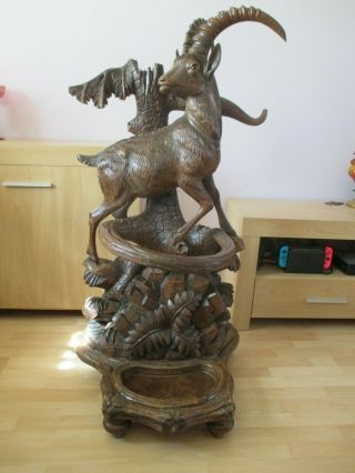 Rare Antique 48 " Black Forest Ibex Stick Hat Stand Swiss Wood Carving Sculpture