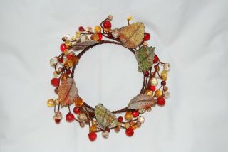 Vintage 4.  5 " Beaded Candle Ring With Leaves Fall,  Thanksgiving,  Holiday Season