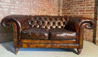 A Stunning Vintage Deep Seated Plump Two Seater Leather Chesterfield Sofa