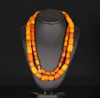 A Rare Huge Antique Natural Baltic Amber Barrel Beads Necklace 135 Gram 19th