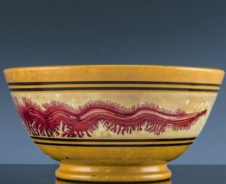 Very Rare 19thc Red Seaweed Earth Worm Mocha Mochaware Yellow Ware Serving Bowl