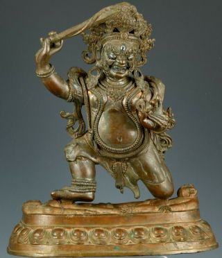 Fine Old Chinese Tibetan Bronze Silver Inlaid Buddha Deity Figure W Sword