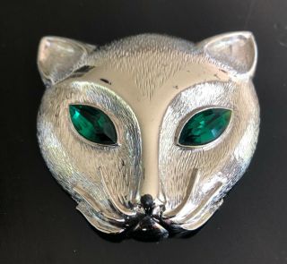 Vintage Butler and Wilson B & W Silver Cat head w/ Green Eyes Brooch Pin 2
