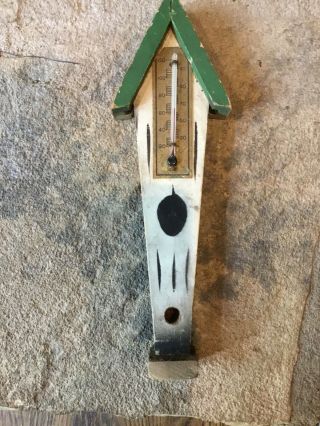 Vintage Antique Wood Birdhouse Thermometer Hand Painted