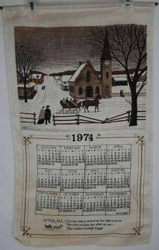 Vtg 1974 Winter Church Tea Towel Decorative Linen Cloth Calendar By Kay Dee