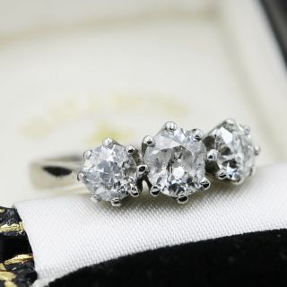 Antique Solid Platinum 1.  32ct Old Cut Diamond Trilogy Ring,  Not 18ct Gold