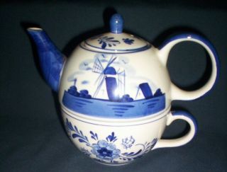 Vintage Delft Blue Teapot & Cup Only Windmill Design Holland Hand Painted