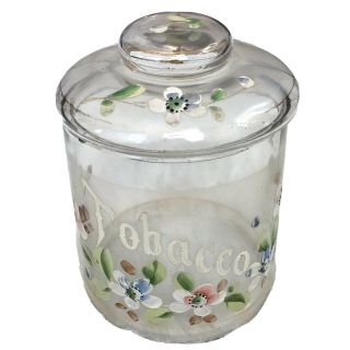 Antique Victorian Hand Painted Glass Tobacco Cigar Counter Display Jar Humidor