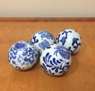 Vintage Set Of 4 - Blue & White Porcelain Carpet Balls 3 Inch