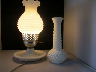 Vintage Milk Glass Hobnail Electric Hurricane Table Lamp 11.  5”,  Hobnail Bud Vase