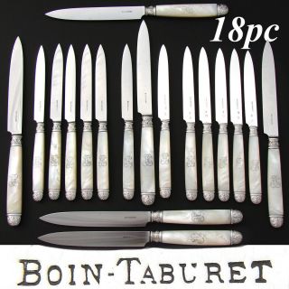 Antique French Napoleon Iii 18pc Mother Of Pearl & Sterling Silver Knife Set