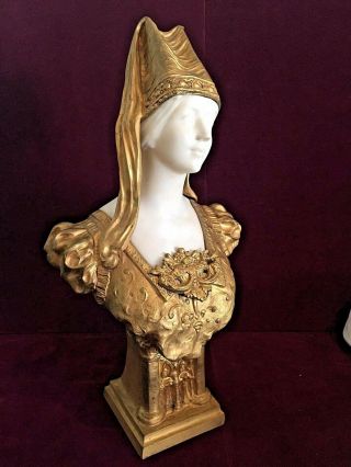 Antique Xavier Raphanel French Dore Bronze & Marble Statue Renaissance Woman