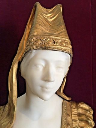 Antique Xavier Raphanel French Dore Bronze & Marble Statue Renaissance Woman 3