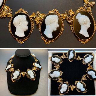 Important Antique Victorian 18k Gold Black And White Cameo Family Necklace