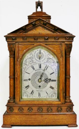 Antique English Oak Temple Design Triple Fusee 8 Bell Musical Bracket Clock