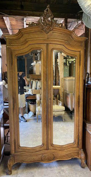 Antique French Walnut Louis Xv Armoire Wardrobe Cabinet 2 Door Beveled Mirrored