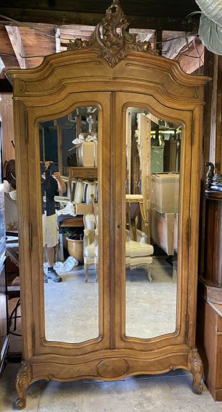 Antique French Walnut Louis XV Armoire Wardrobe Cabinet 2 Door Beveled Mirrored 2