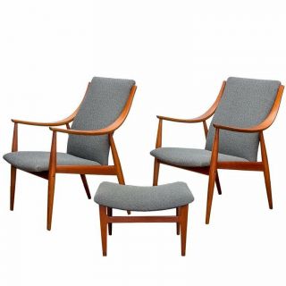 Peter Hvidt Danish Modern Teak Lounge Easy Chairs & Ottoman For John Stuart