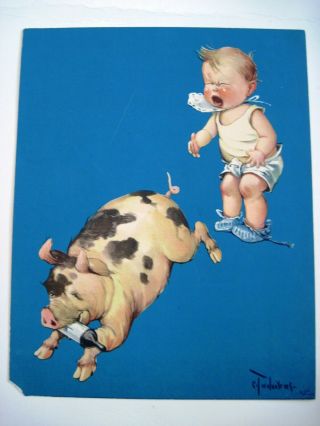 Precious Vintage Print By " C.  Twelvetrees " W/ Baby Crying W/ Pig Stealing Bottle