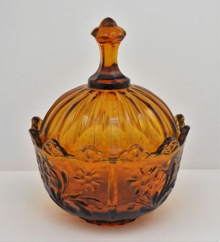 Vintage Pressed Amber Glass Covered Candy Dish Jar Floral Pattern