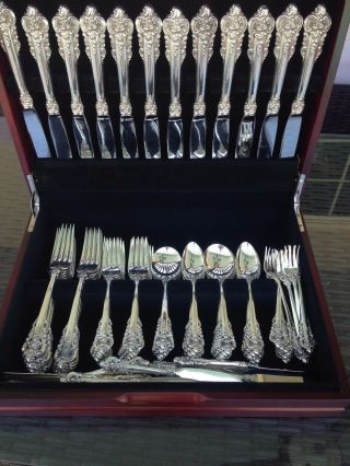 Complete 84 Pc Old Heavy Set Wallace Grande Baroque Sterling Flatware Setting