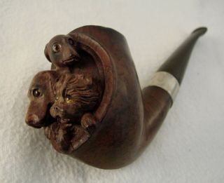 Antique Carved Briar Pipe With Three Dogs Heads Paris Made Whippet,  Retreiver