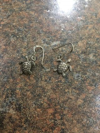 Vintage Sterling Silver Sea Turtle Dangle Fish Hook Earrings Small/dainty