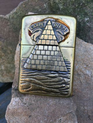 Zippo Carpe Diem Brass Cigarette Lighter Pyramid And Hidden Eye Inside