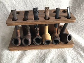 Six Vintage Tobacco Pipes With Wooden Stand