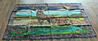 Vintage Retro 70s Black Velvet Wall Art Tapestry Deer Buck Stag Scene Man Cave