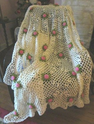 Vintage Crocheted Daisy Afghan Blanket Throw Retro 3d 72x72 " Pink Reverse White