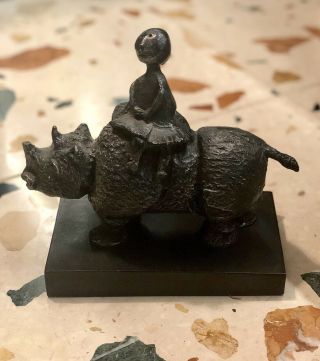 Vintage Graciela Rodo Boulanger Girl On Rhino Rhinoceros Resin Sculpture Figure
