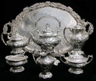 Gorham Chantilly Grand Sterling Silver 6 Piece On Sp Tray Tea & Coffee Set A597