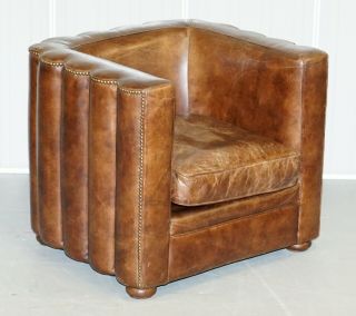 Vintage Fluted Back Art Deco Style Aged Heritage Brown Leather Club Armchair