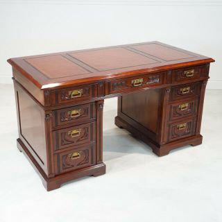 Mahogany Wood Executive Pedestal Desk With Brown Leather Top And Bar Cabinet