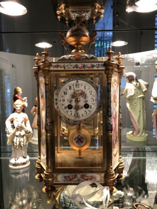Antique French Champleve Enamel Gilt Bronze Clock W/ Painted Panels