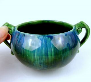Vtg Royal Haeger Small Ceramic Round Planter Green And Blue Drip Glaze Handled