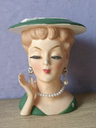 Vintage Retro Ceramic Lady Head Vase With Pearl Necklace And Earrings Japan