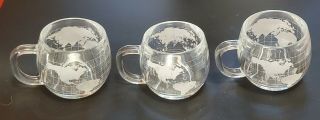 Set Of 3 Vintage Nestle Nescafe Etched Clear Glass World Globe Coffee/tea Mugs