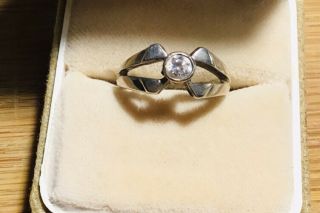 Vintage 925 Solid Silver Ring With Clear Gemstone Art Deco Style Size L