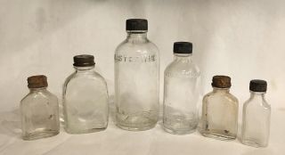 Vintage Clear Glass Medicine Bottles Set Of 6 Listerine,  Bayer Aspirin & Unknown