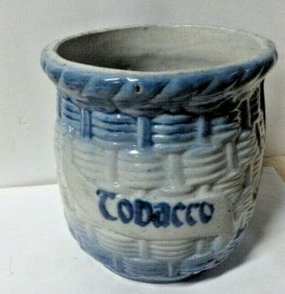 Antique Early Stoneware Blue & White Tobacco Jar Humidor Basketweave