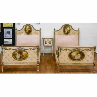 Rare Antique 19th C Pair Hand Painted Twin Beds & Nightstand