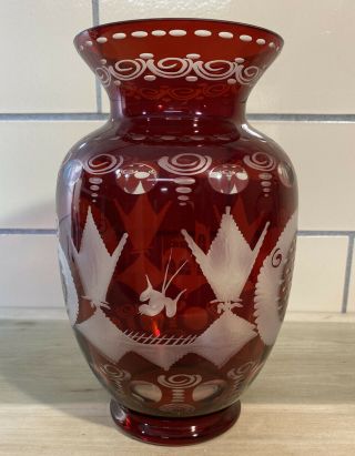 Vintage Egermann Czech Glass Vase 10.  5”inches - Ruby Red Cut To Clear