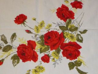Vtg Cotton Tablecloth Red Roses & Yellow Flowers 47 X 50 "
